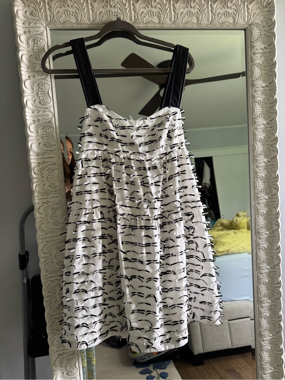 Anthropologie Maeve Babydoll White Dress with Black Textured Accents
